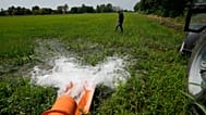 Rice farmer Giovanni Daghetta walks on a rice field as the dewatering pump gets water from a channel to a dried rice field, in Mortara, Lomellina area, Italy, Monday, June 27,