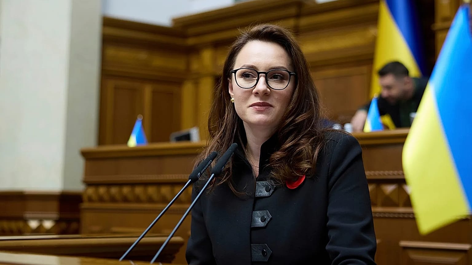 FILE - Vice Prime Minister and Minister of Economy of Ukraine Yuliia Svyrydenko speaks in the Ukrainian Parliament in Kyiv, Ukraine, Thursday, May 8, 2025