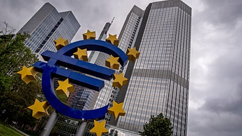 FILE. The Euro sculpture stands in front of the former headquarters of the European Central Bank (ECB) in Frankfurt, Germany, May 2023