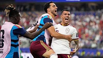 Pedro Porro celebrates with Mikel Merino and Nico Williams after scoring his team’s second goal during the semi-final in Arlington, Texas.