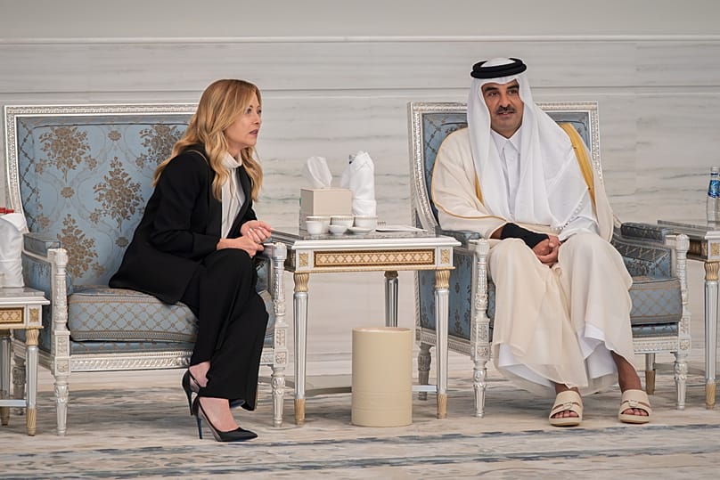 Qatari Emir Sheikh Tamim bin Hamad Al Thani meets Italian PM Georgia Meloni during a condolence visit over the passing of Qatar's Father Emir Sheikh Hamad.