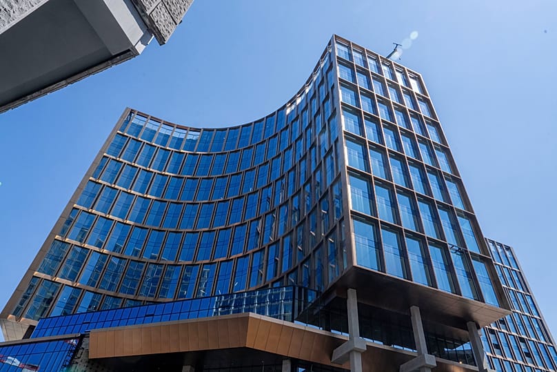 Der Oxy-Gebäudekomplex im Zentrum von Brüssel nach dem Brand am Dienstag, 14. Juli 2026.