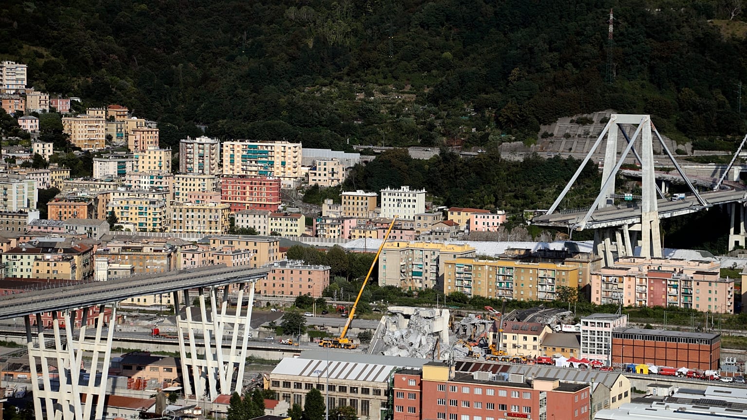 A view of the collapsed Morandi highway bridge in Genoa, Italy, Friday, Aug. 17, 2018