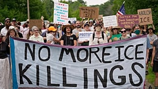 Protesters gather near a U.S. Immigration and Customs Enforcement facility Scarborough, Maine, one day after the shooting of Johan Sebastián Durán Guerrero, Tuesday, July 14.