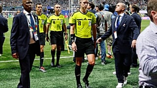 Referee Francois Letexier, of France, leaves the pitch after the World Cup round of 16 soccer match between Argentina and Egypt in Atlanta, Tuesday, July 7, 2026. 