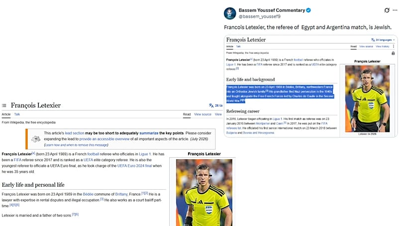 Image shows François Letexier's Wikipedia page before edits (left) and X post highlighting the unsupported edit (right). 