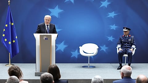 European Commissioner for Defence and Space Andrius Kubilius and Chairman of the European Union Military Committee Seán Clancy in Brussels in May 2026.