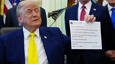President Donald Trump holds up an image taken from his File - Truth Social account at an event about coal, on 4 June 2026, in the Oval Office of the White House in Washington