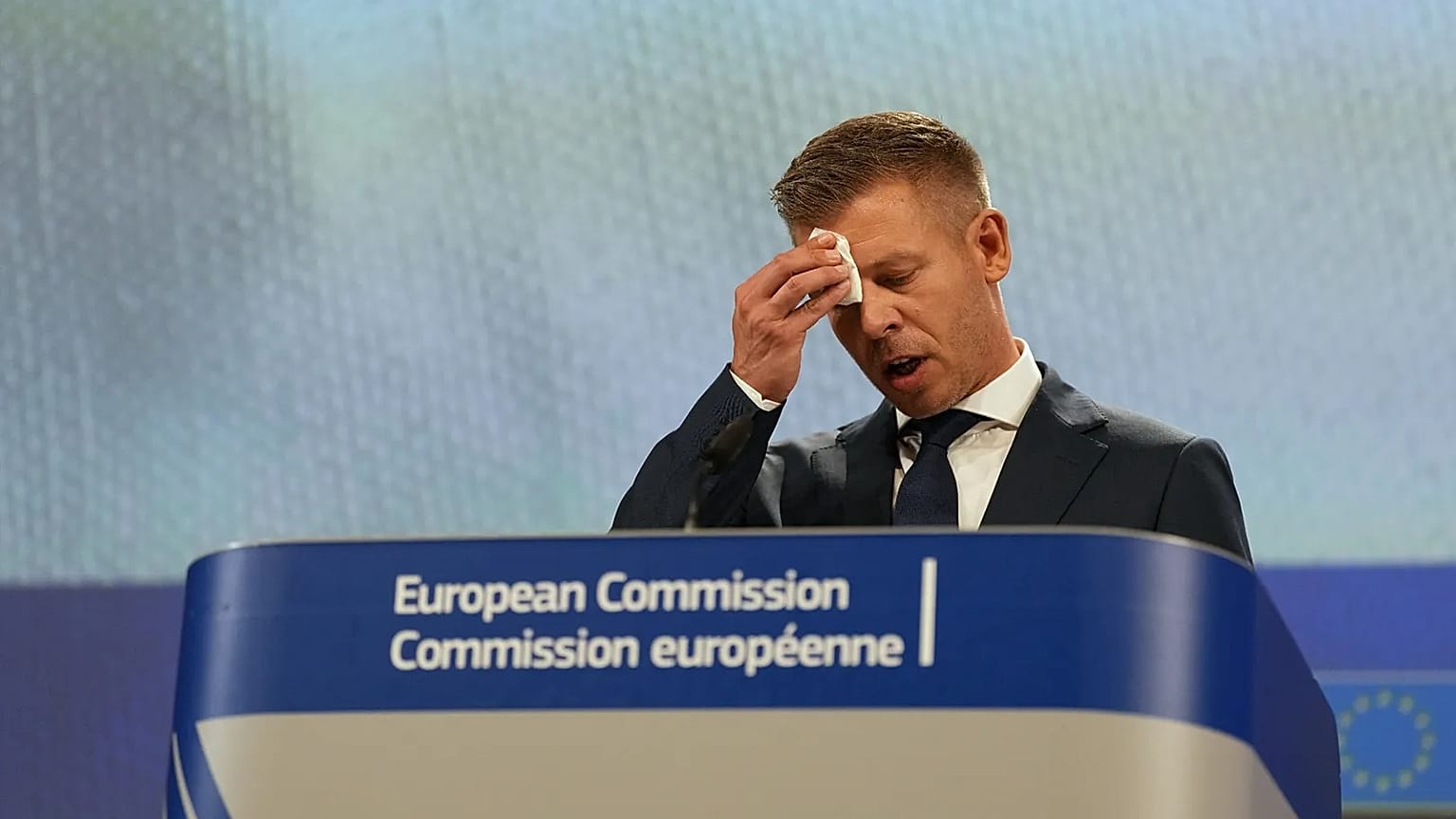 Hungary's Prime Minister Péter Magyar addresses the media at EU headquarters in Brussels, Friday, May 29, 2026. (AP Photo/Virginia Mayo)
