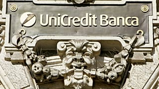 File - The UniCredit bank logo is seen on the bank's headquarters in downtown Milan, Italy, Sunday, 5 October 2008 