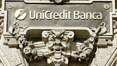 File - The UniCredit bank logo is seen on the bank's headquarters in downtown Milan, Italy, Sunday, 5 October 2008 