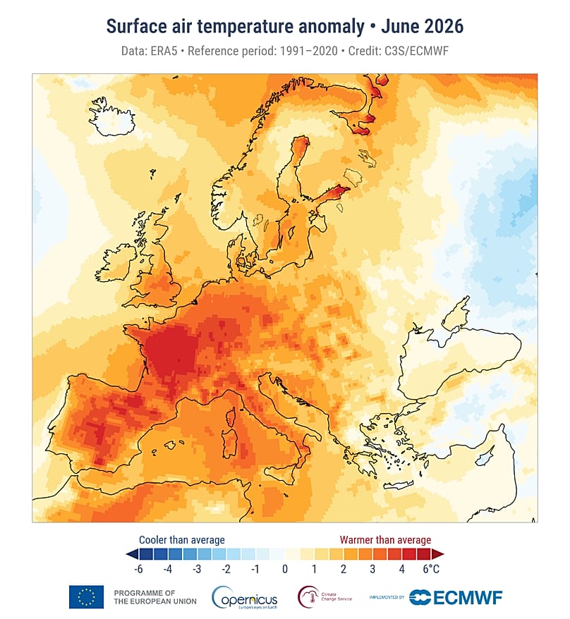 Anomalia della temperatura dell'aria superficiale in Europa a giugno 