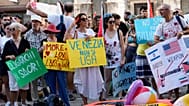 Demonstrators gather to protest against U.S. Ambassador Tilman Fertitta's superyacht 'Boardwall' presence in Venice, Friday, 17 July, 2026. (AP Photo/Luca Bruno)