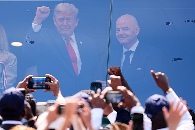 Donald Trump és Gianni Infantino East Rutherfordban, a döntő mérkőzésen július 19-én 