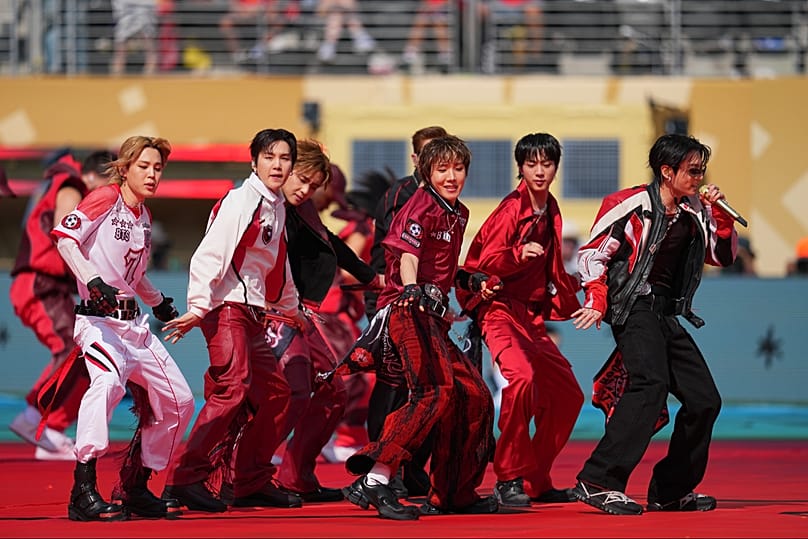 South Korean boy band BTS performs during the halftime show in the World Cup final between Spain and Argentina in New Jersey, 19 July, 2026