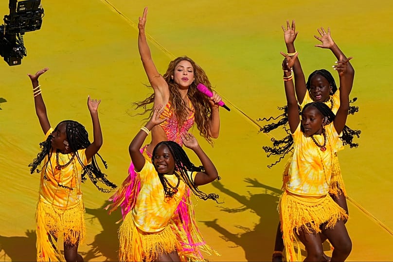 Shakira performs with Uganda's Ghetto Kids dance troupe at the World Cup final in New Jersey, 19 July, 2026