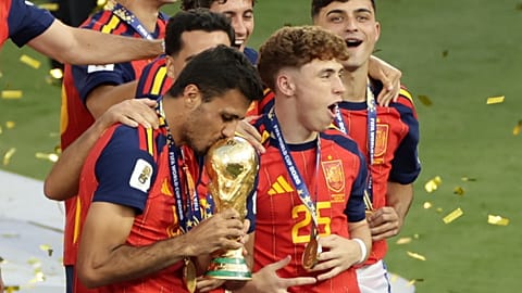 Spain's Rodri kisses the trophy as Spain celebrates after winning the World Cup final, New York, 19 July 2026