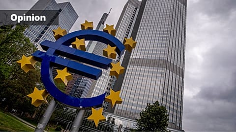 FILE - The Euro sculpture stands in front of the former headquarters of the European Central Bank (ECB) in Frankfurt, Germany, May 23, 2023.
