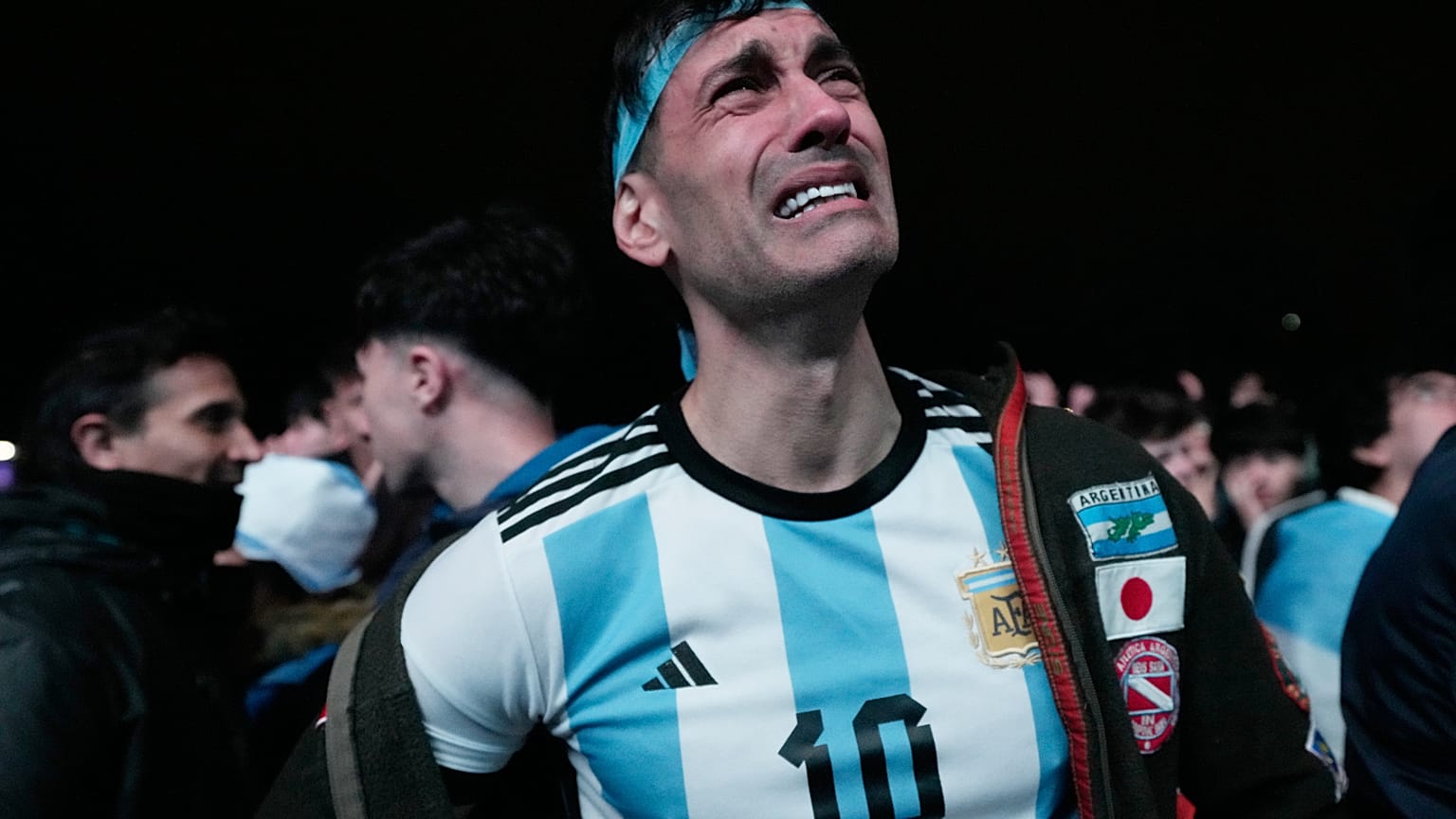 A fan reacts to Spain's victory over Argentina in the World Cup final soccer match at a fan gathering in Buenos Aires, Argentina, Sunday, July 19, 2026. 