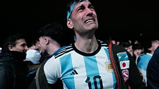 A fan reacts to Spain's victory over Argentina in the World Cup final soccer match at a fan gathering in Buenos Aires, Argentina, Sunday, July 19, 2026. 