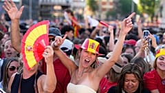 Spanish fans gather in central Madrid ahead of the World Cup final soccer match between Spain and Argentina near New York, July 19, 2026. 