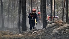 Un pompier transporte une lance à incendie après un feu de forêt dans la région de la forêt de Fontainebleau, au sud de Paris, en France, mardi 14 juillet 2026