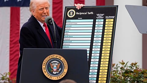 FILE - President Donald Trump speaks during an event to announce new tariffs in the Rose Garden at the White House on April 2, 2025, in Washington. 