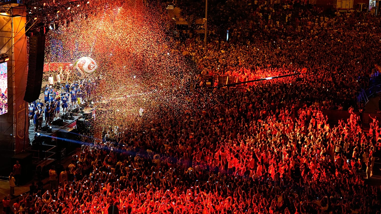 Spain players celebrate at Cibeles Square in Madrid, Spain, on Monday, July 20, 2026, after winning the World Cup final against Argentina.