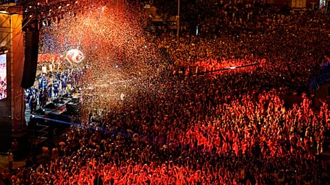 Spain players celebrate at Cibeles Square in Madrid, Spain, on Monday, July 20, 2026, after winning the World Cup final against Argentina.