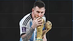 Lionel Messi kisses the FIFA World Cup after Argentina beat France at the 2022 final in Saudi Arabia 