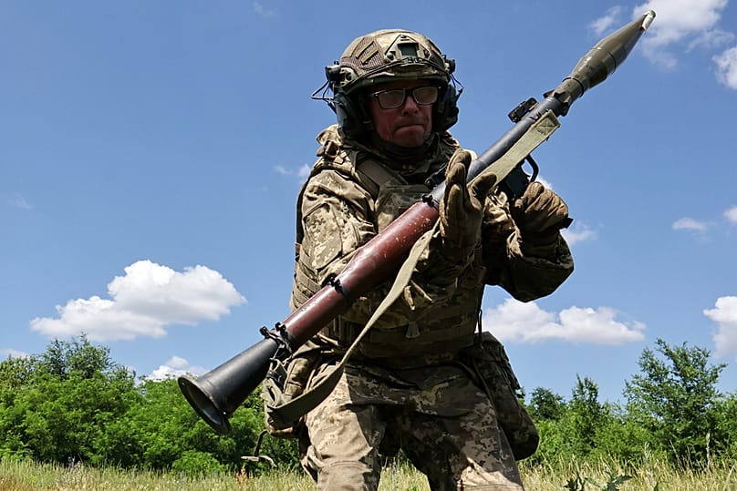 A Ukrainian soldier practices military skills at a training ground near the frontline in the Zaporizhzhia region, Ukraine, Saturday, June 20, 2026