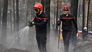 Firefighters tackle a wildfire in the region of the Fontainebleau forest, south of Paris, France, Tuesday, July 14, 2026. 