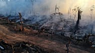Un hombre camina por un camino de tierra asfaltado en una zona arrasada por incendios cerca de Labrea, estado de Amazonas, Brasil, viernes 7 de agosto de 2020.