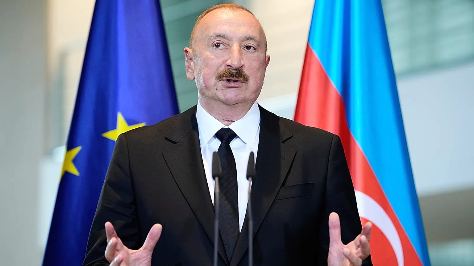Azerbaijan's President Ilham Aliyev attends a news conference after a meeting with German Chancellor Friedrich Merz in Berlin, 21 July 2026