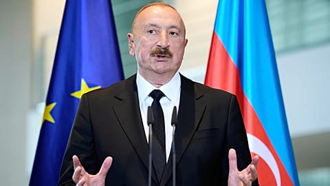 Azerbaijan's President Ilham Aliyev attends a news conference after a meeting with German Chancellor Friedrich Merz in Berlin, 21 July 2026