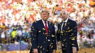 President Donald Trump, left, and FIFA President Gianni Infantino watch confetti fall at the conclusion of the World Cup final.