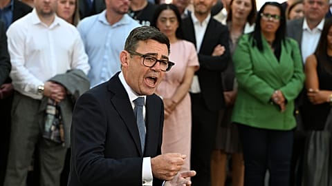 Britain's new Prime Minister Andy Burnham speaks to staff and media at 10 Downing Street in London, 20 July 2026