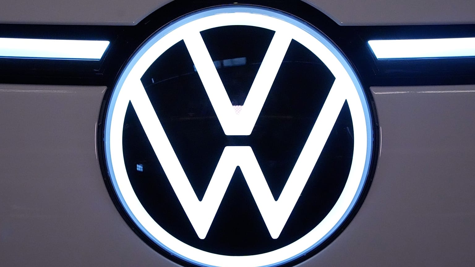 This is the Volkswagen logo on the front of the 2025 Volkswagen ID. Buzz on display at the Pittsburgh International Auto Show in Pittsburgh, Feb. 14, 2025.