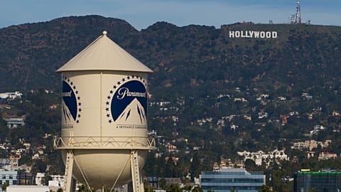FILE - The Paramount Pictures water tower is seen in Los Angeles, 18 Dec., 2025, with the Hollywood sign in the distance. (AP Photo/Jae C. Hong, File)