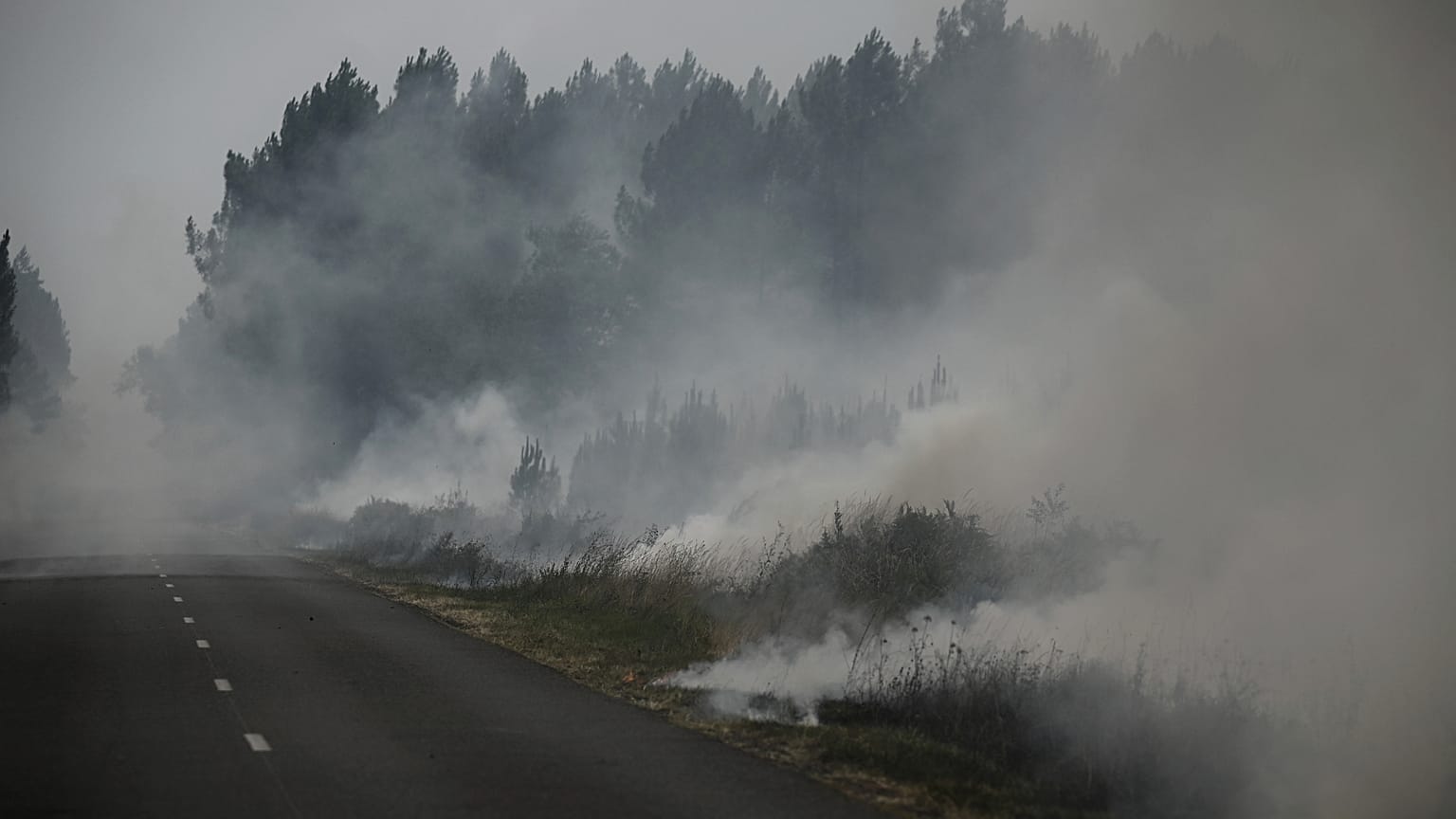 Une forêt en feu, près de Louchats, à 35 km de Landiras, en Gironde, dans le sud-ouest de la France, le lundi 18 juillet 2022.