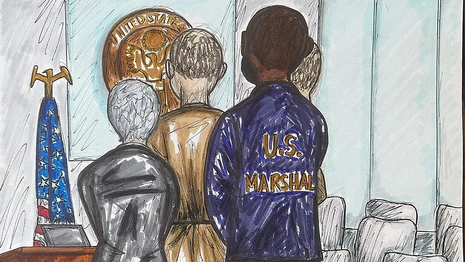 In this courtroom sketch, Andrew and Tristan Tate appear with their attorneys before judge Lauren Louis in Miami federal court, Monday, 20 July, 2026, in Miami.