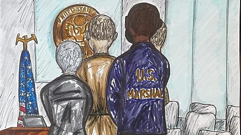 In this courtroom sketch, Andrew and Tristan Tate appear with their attorneys before judge Lauren Louis in Miami federal court, Monday, 20 July, 2026, in Miami.