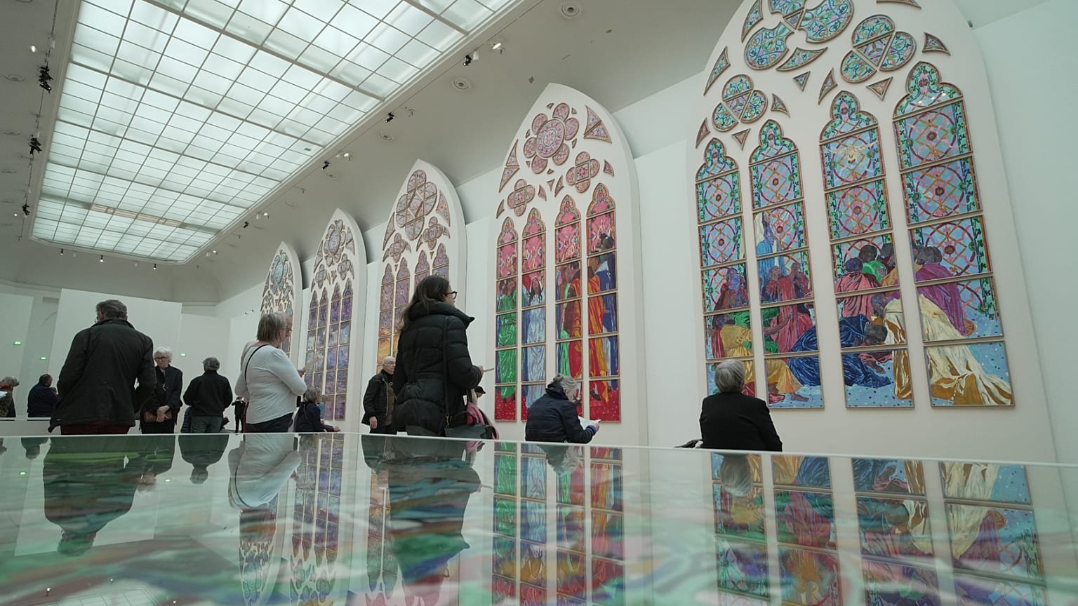 Notre Dame's future new stained-glass designs by Claire Tabouret, set to replace six windows designed by the 19th-century architect Eugene Viollet-le-Duc.