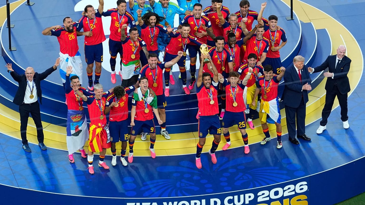 Spain players celebrate after the World Cup final soccer match between Spain and Argentina in East Rutherford, N.J., near New York, 19 July 2026.