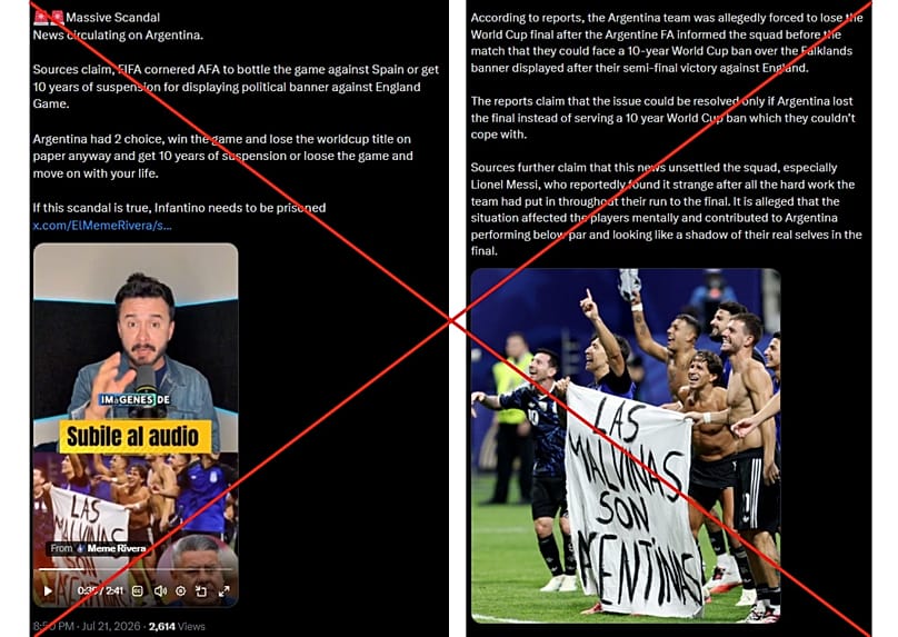 The posts suggest that Argentina was forced to lose the final over its controversial Falklands banner
