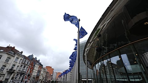 FILE - European Union flags flap in the wind outside EU headquarters in Brussels, prior to an announcement regarding Google. July 23, 2026.