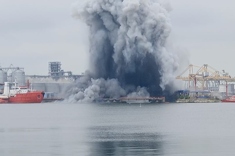 In this photo taken from video provided by OBSERVATOR ANTENA 1, an explosion of sea drone is seen in Constanta port, Romania, Friday, June 5, 2026.
