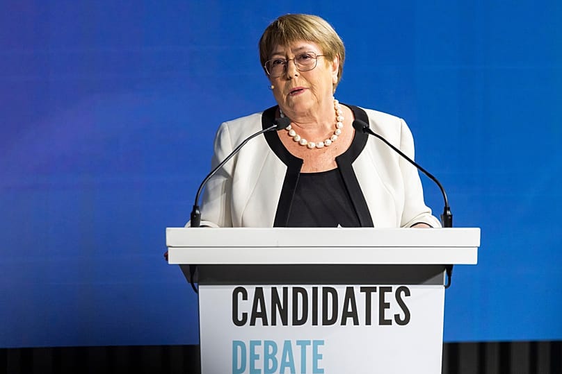Michelle Bachelet, candidate for the next UN Secretary-General, speaks in Geneva, Switzerland, Tuesday, June 9, 2026