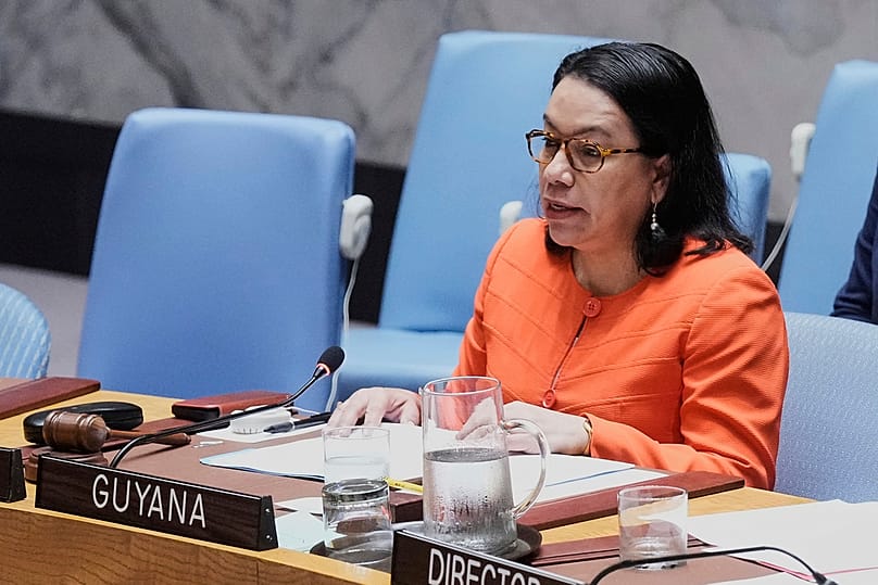 Guyana UN Ambassador and current Security Council President Carolyn Rodrigues-Birkett addresses a United Nations Security Council meeting, Monday, June 30, 2025. 