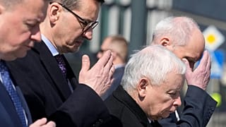 Jaroslaw Kaczynski (second right) the head of Law and Justice, and former prime minister Mateusz Morawiecki (left).